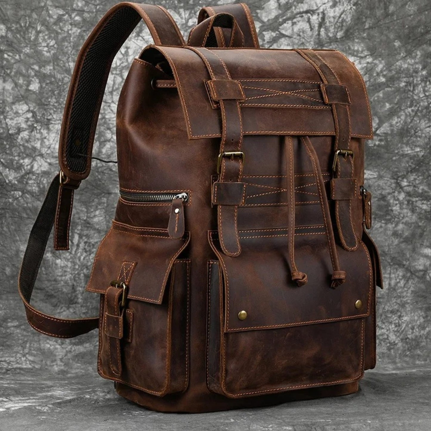 Brown leather laptop backpack