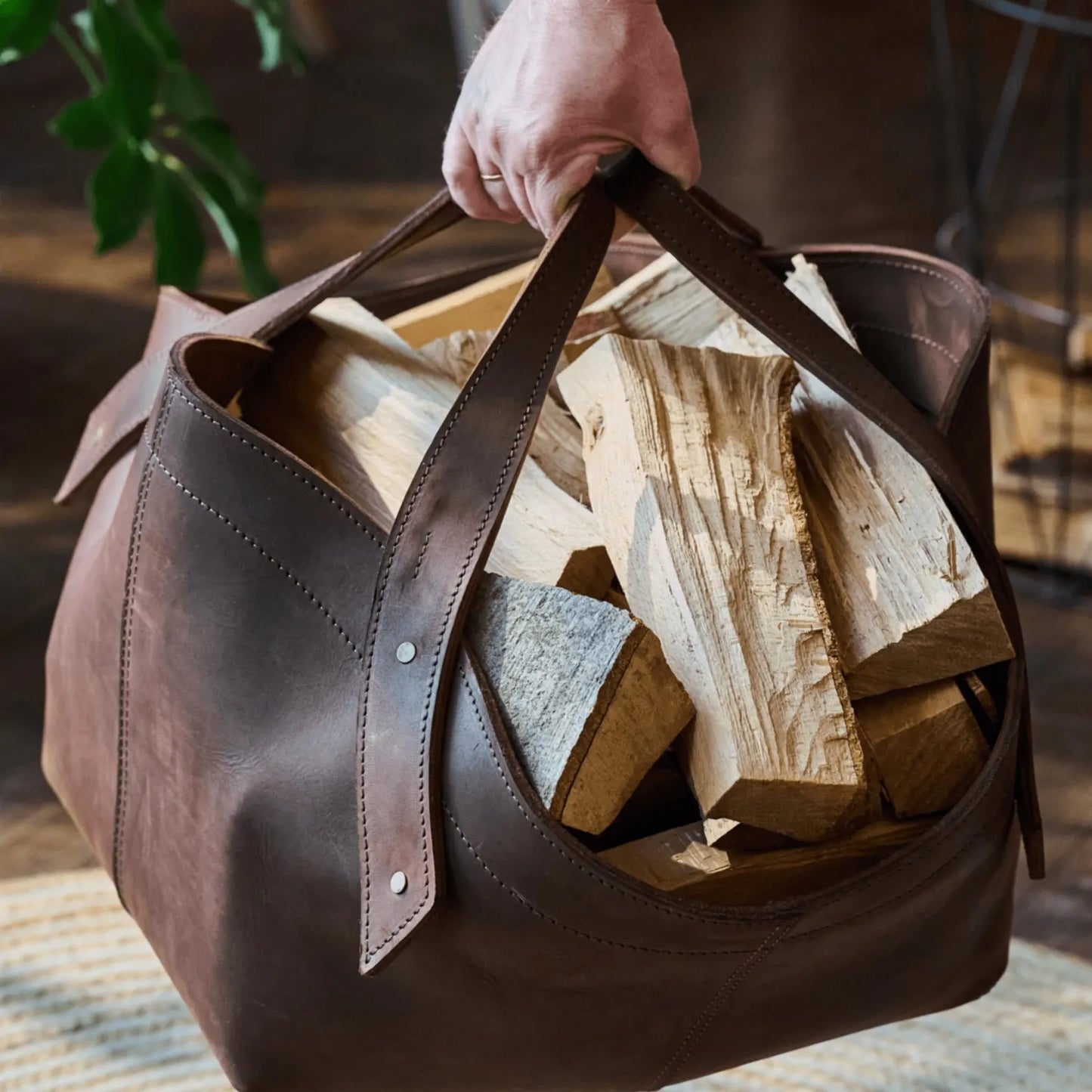 Leather Wood Carrier Log Basket