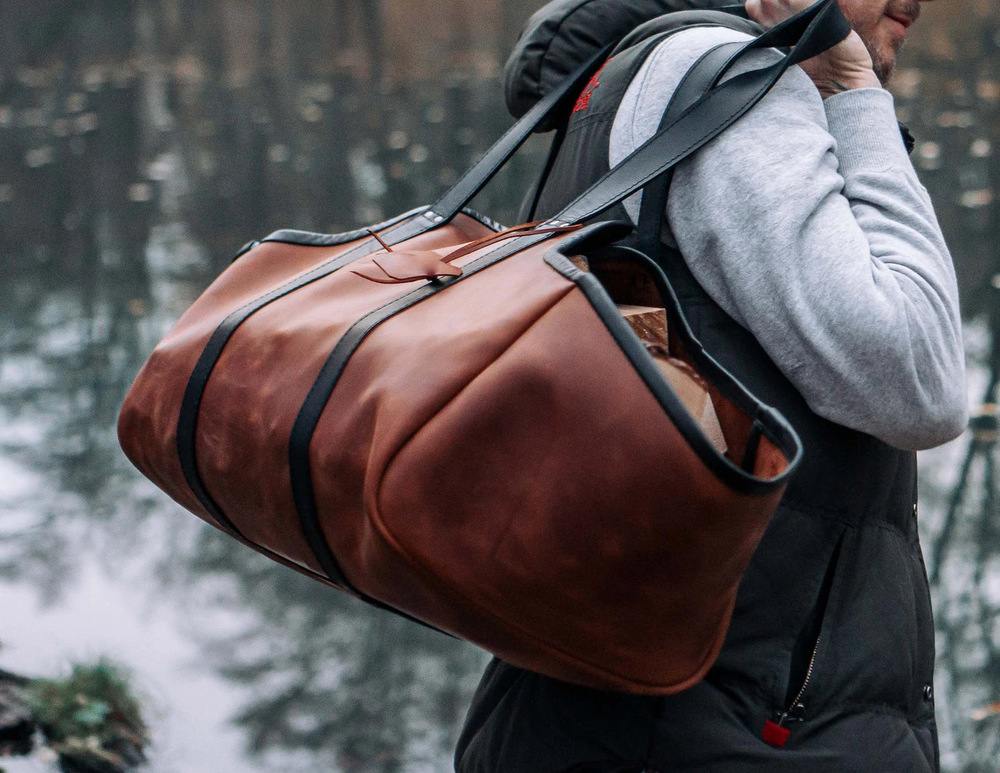 Genuine leather log carrier firewood bag