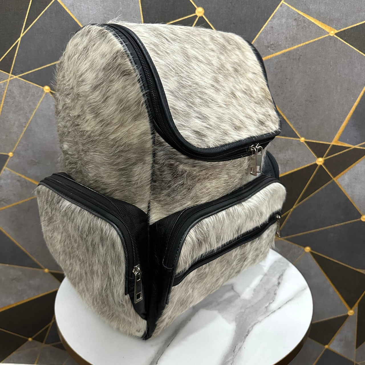 Grey Black Cowhide Backpack