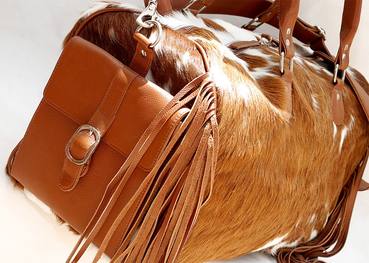 Brown White Cowhide Travel Duffle Bag