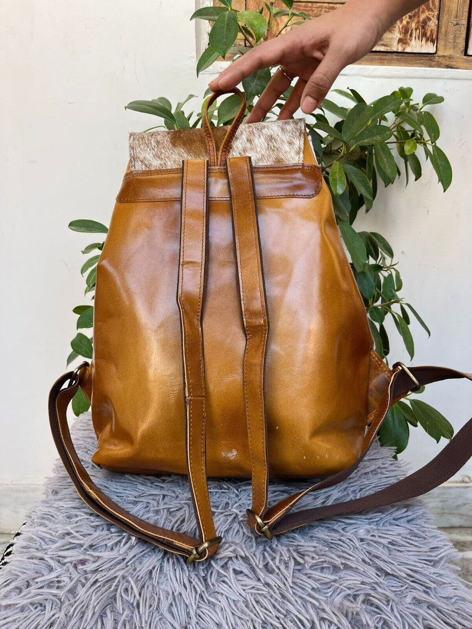 Exotic Cowhide Backpack Brown White