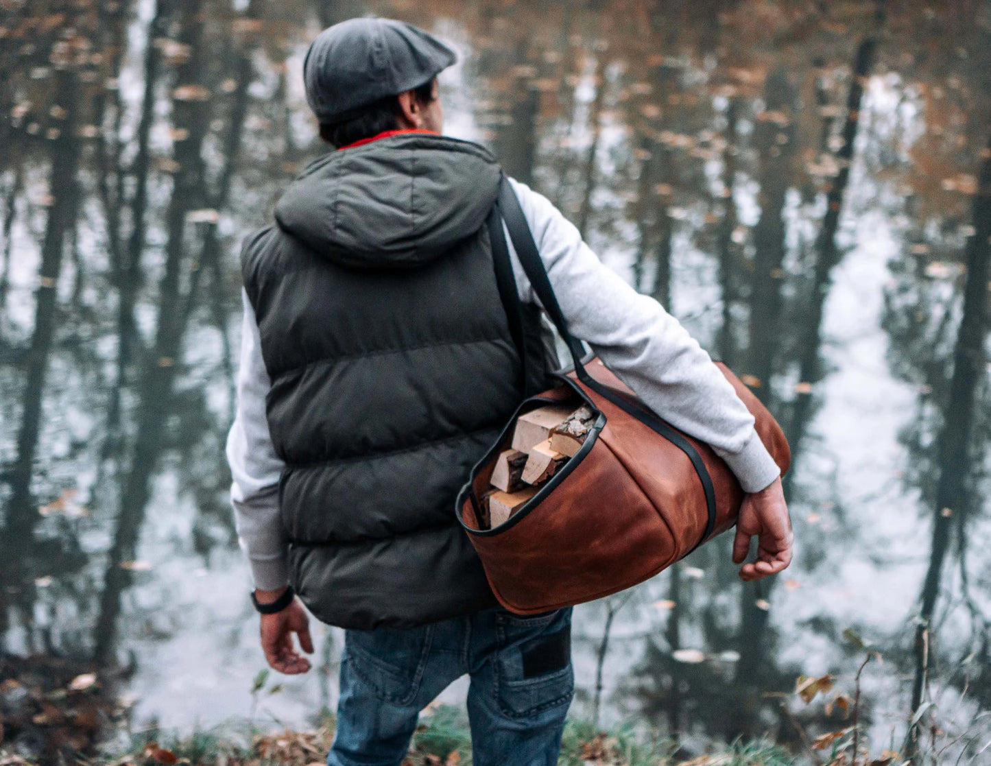 Genuine leather log carrier firewood bag