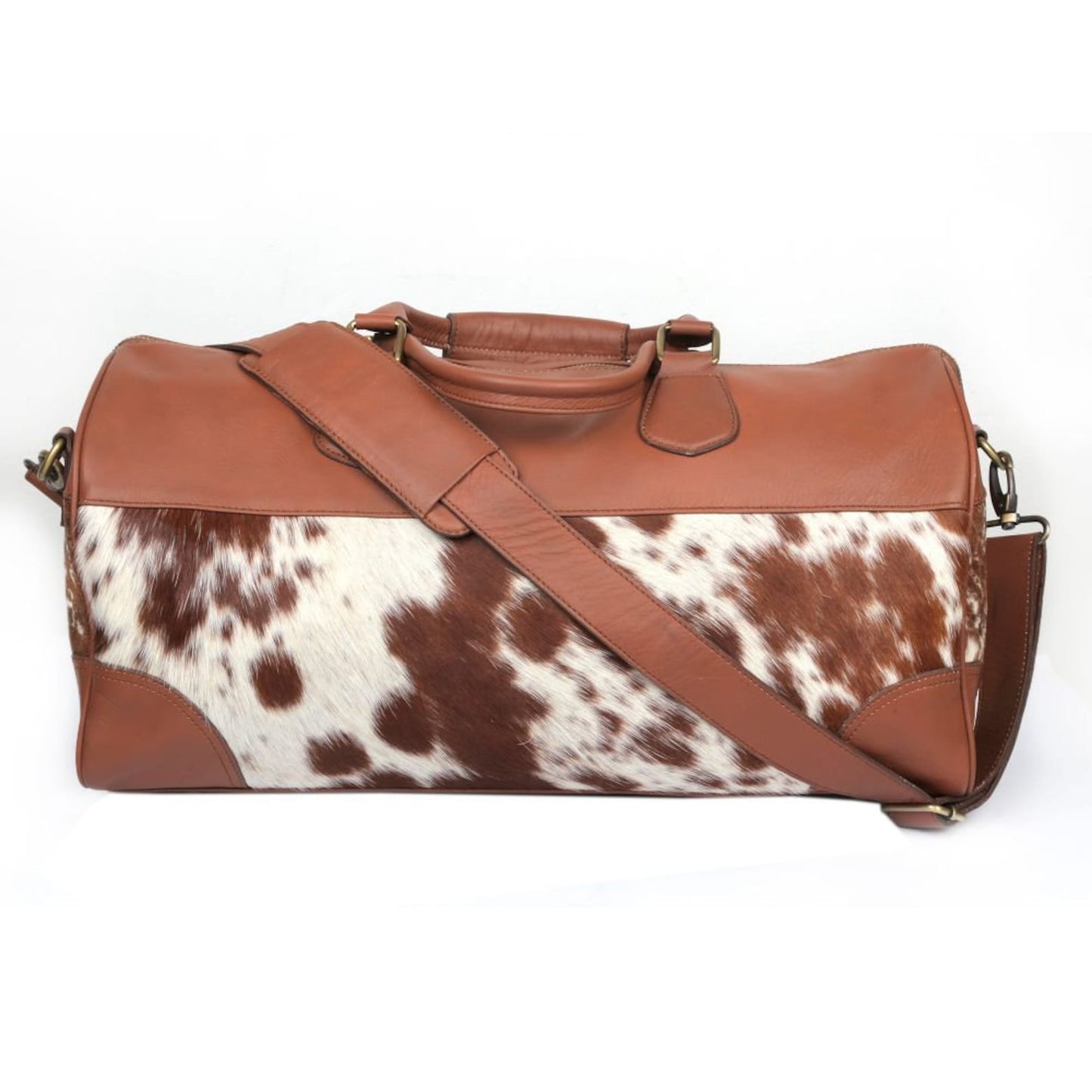 Brown White Cowhide Overnight Holdall Bag