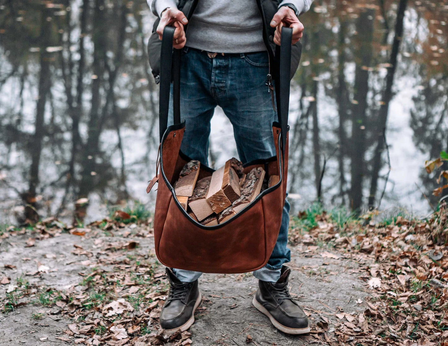 Genuine leather log carrier firewood bag