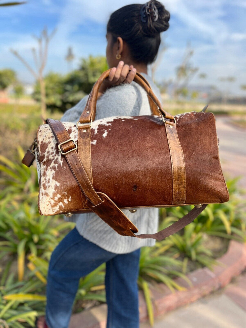 Cowhide Duffle Bag Brown White