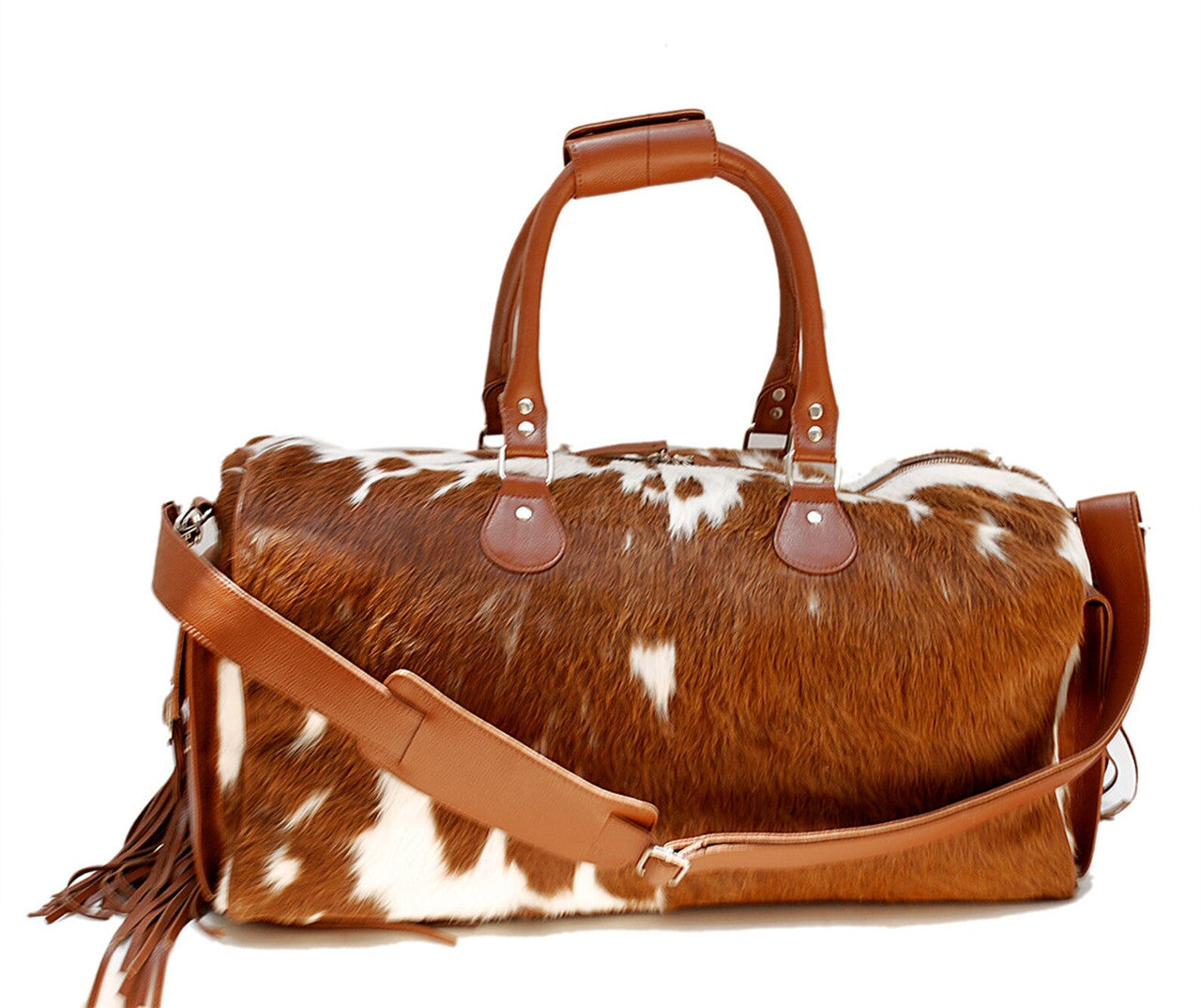 Brown White Cowhide Travel Duffle Bag