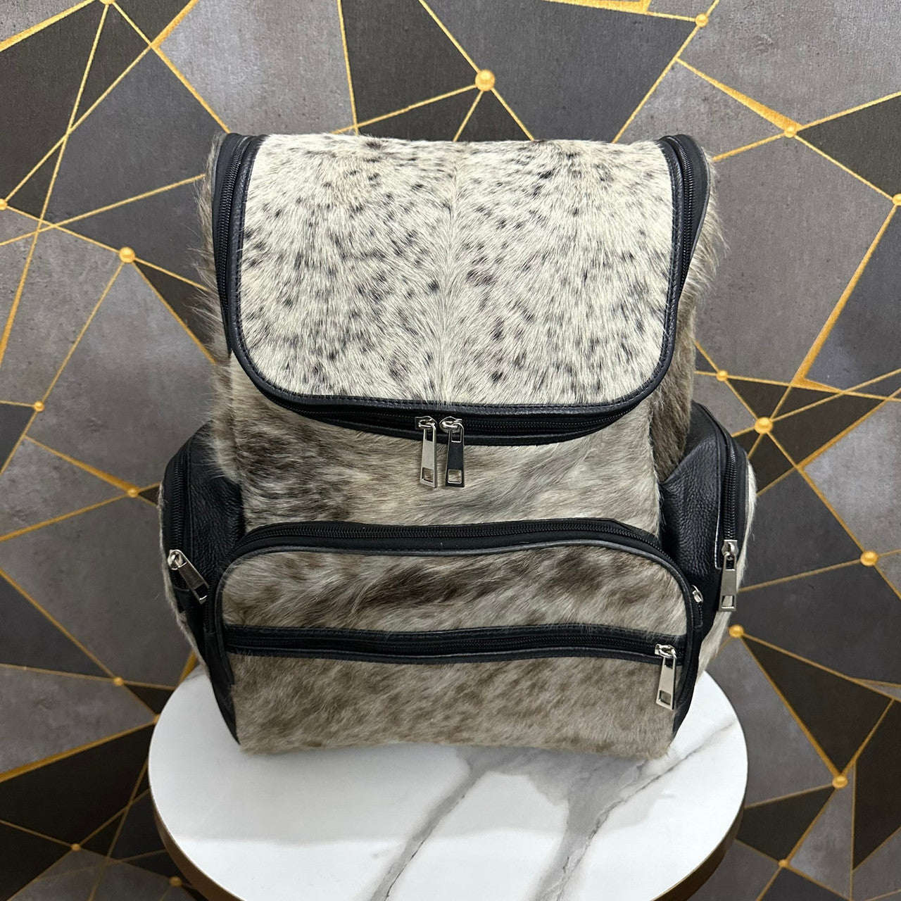 Grey Black Cowhide Backpack