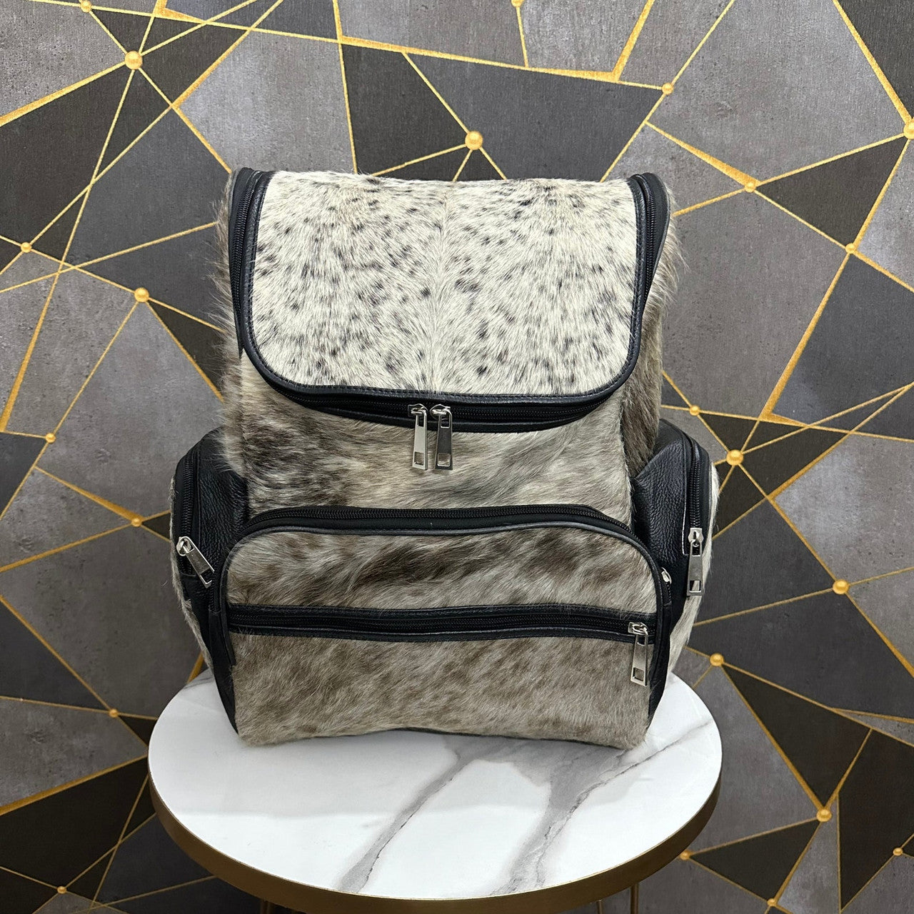 Grey Black Cowhide Backpack