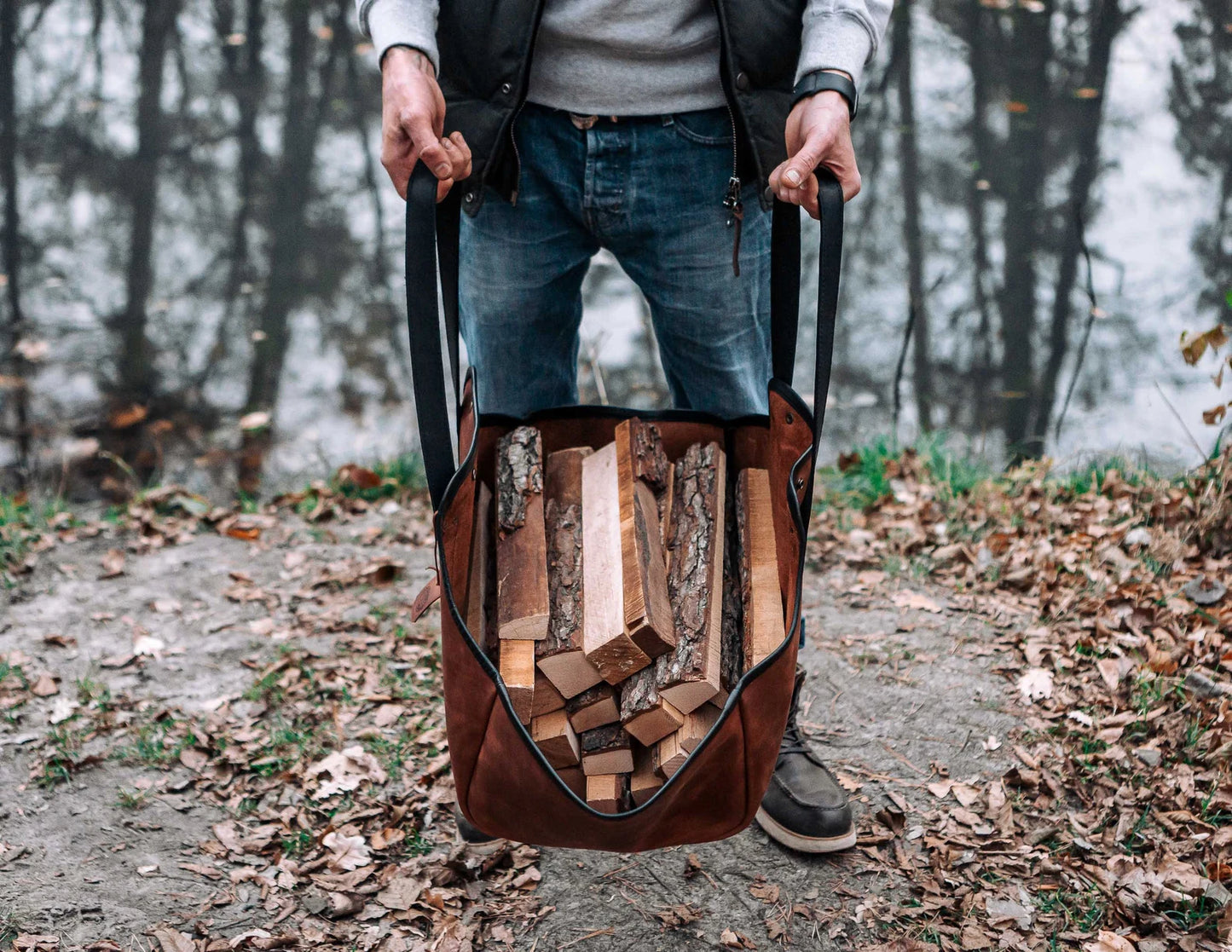Genuine leather log carrier firewood bag