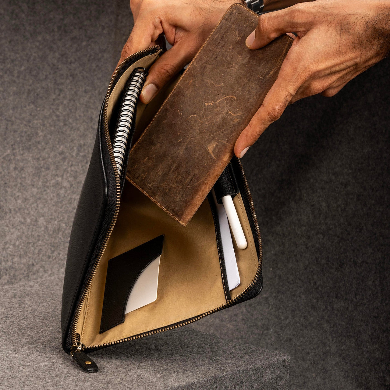 Black Leather Case with Zippers