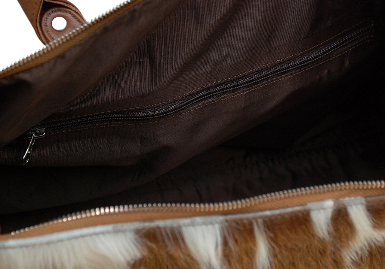 Brown White Cowhide Travel Duffle Bag