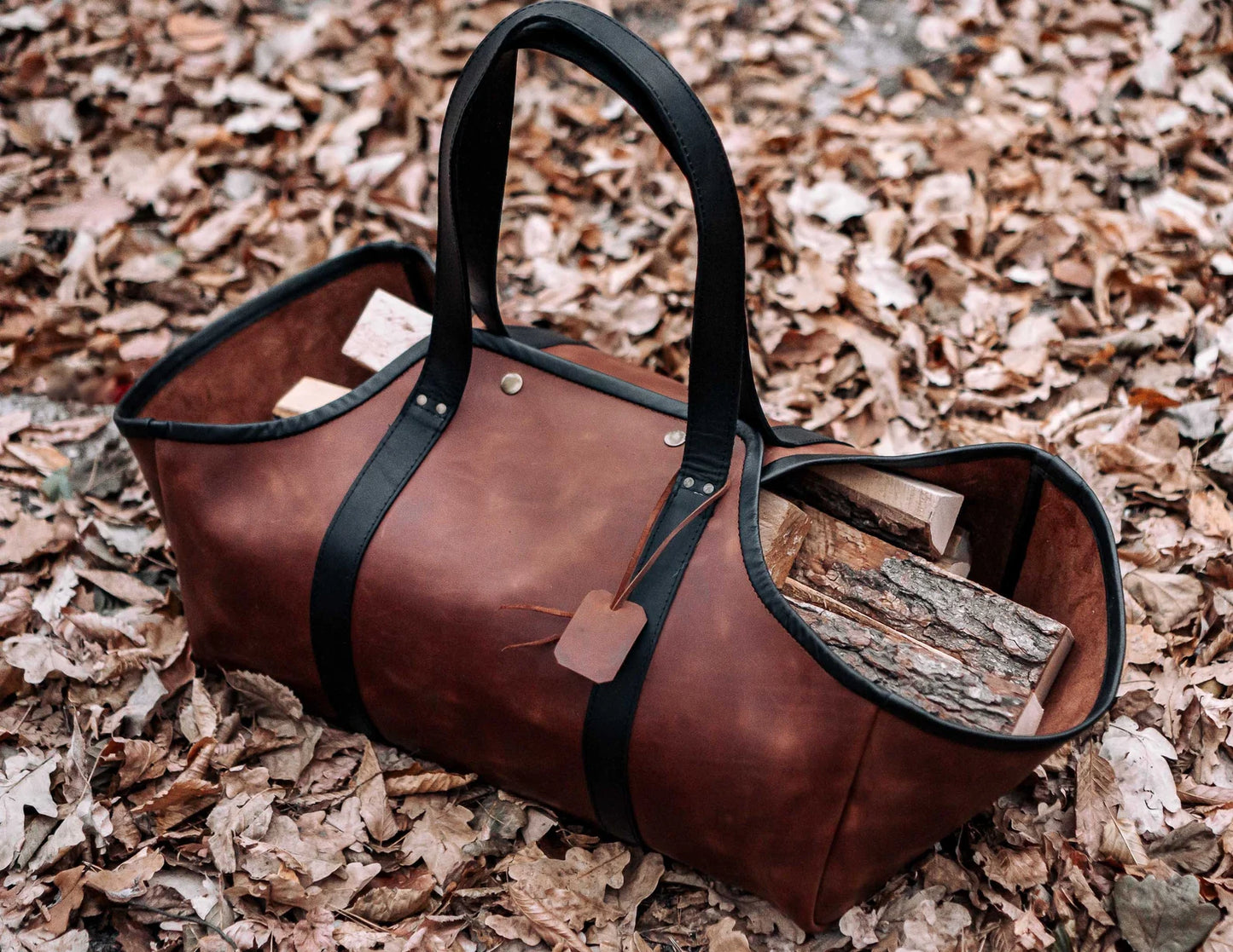 Genuine leather log carrier firewood bag