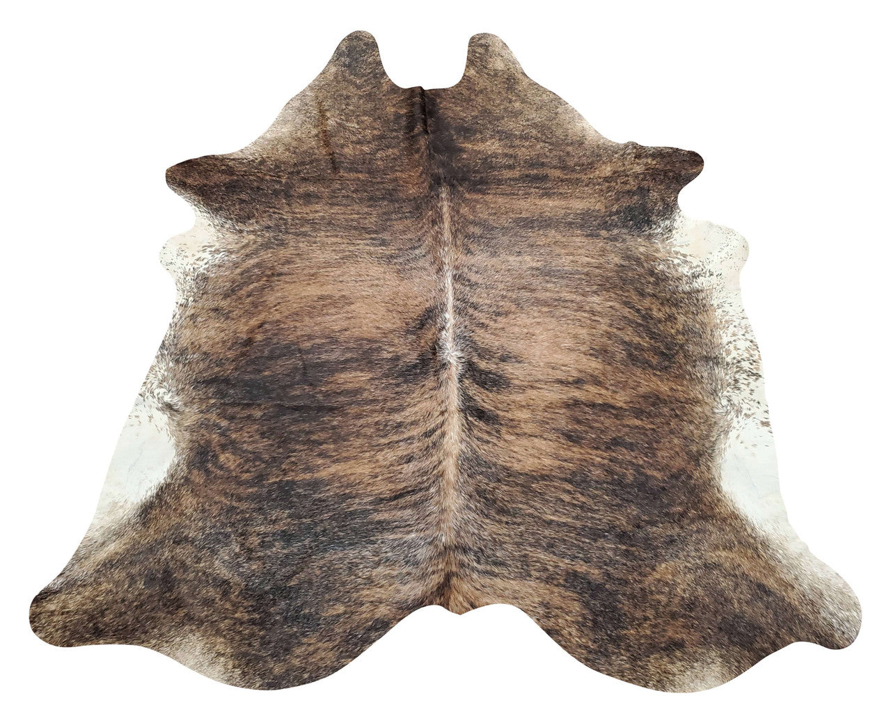 Exotic large striped pattern cowhide rug in stunning brown-black blended in, handpicked for stunning marking, natural and real with free shipping.