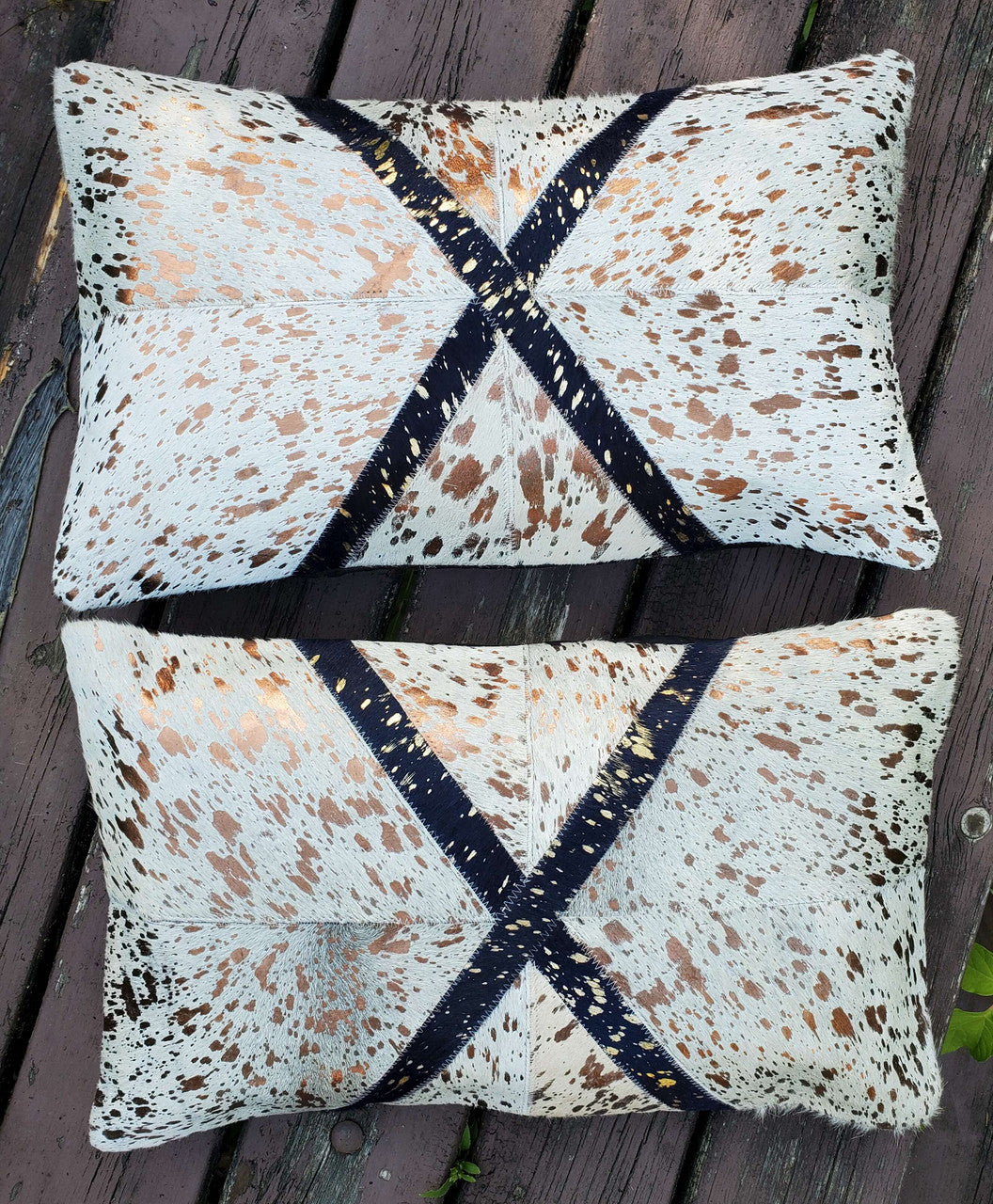 Metallic Gold Blue Cowhide Cushion