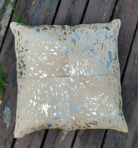 A stunning custom made extra large metallic gold cowhide cushion covers which will work in any ranch room.