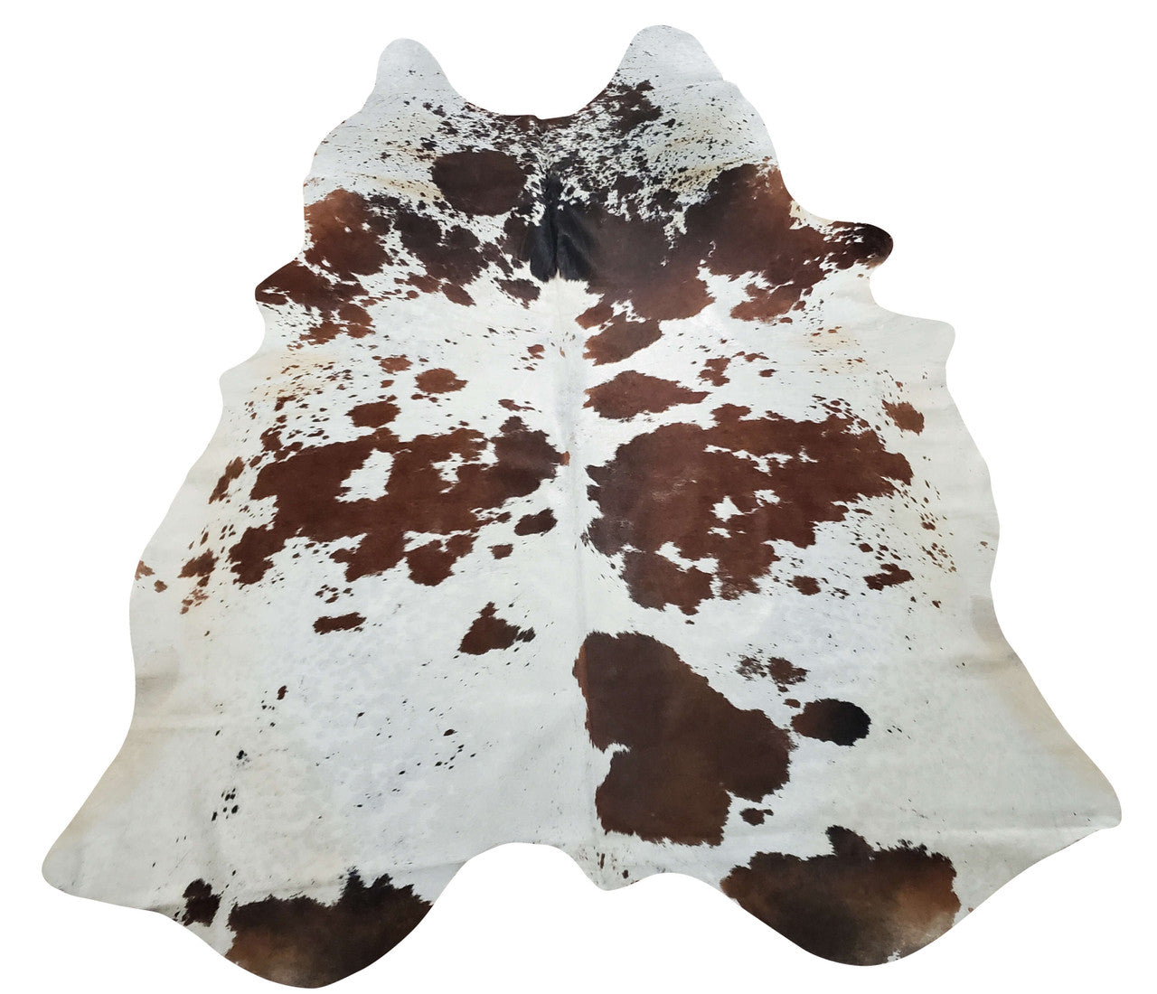 Spotted brown and white cowhide rug will give a more transitional look to dining room, the size is perfect to go under the table.