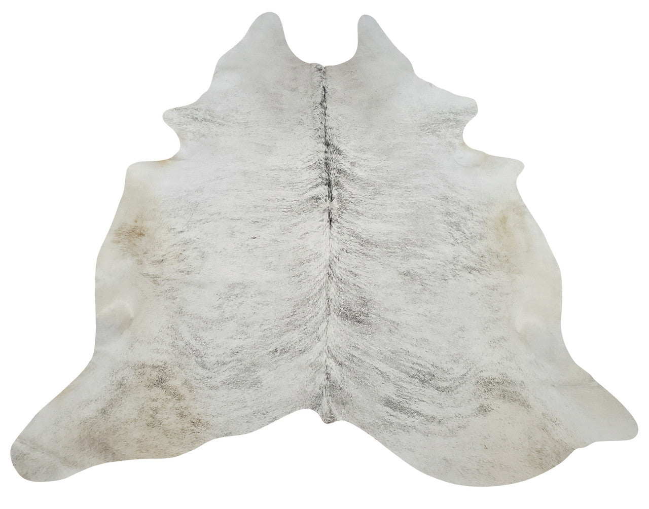 This grey cowhide rug has a slight tan and gorgeous sheen, it looks beautiful under the kitchen table or fireplace.