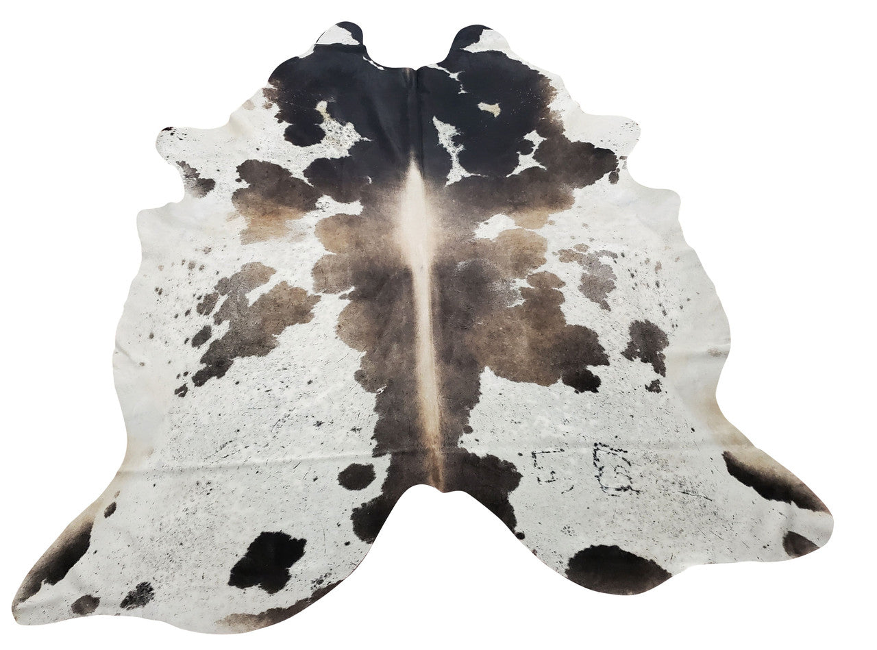 An individually selected grey tricolor cowhide rug with perfect natural color combination, great for a neutral living room or teak dark wooden floors.