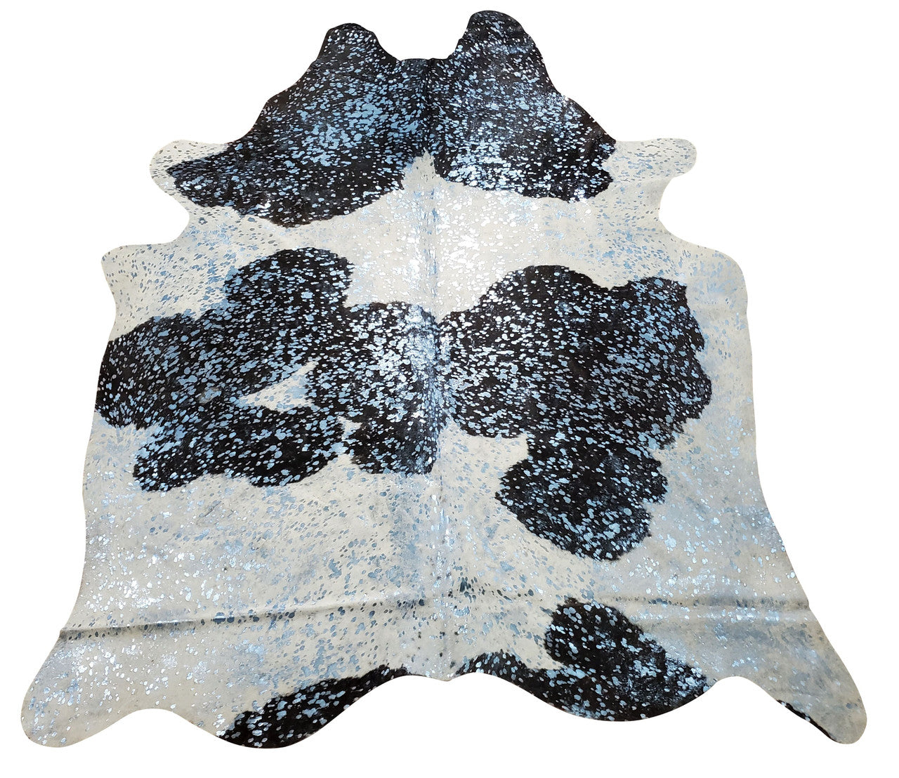 Sporting a natural and real cow hide rug inspired in blue metallic on brown, it will match any modern or ranch vibe.