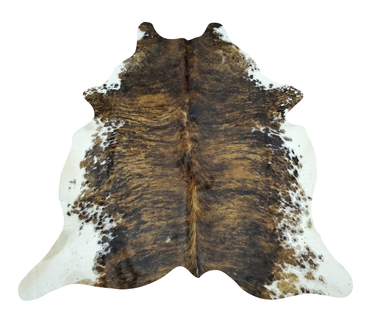 A mostly coffee brown and white cowhide rug with beautiful speckles in the background. We select each cowhide for its exotic patterns and natural markings.