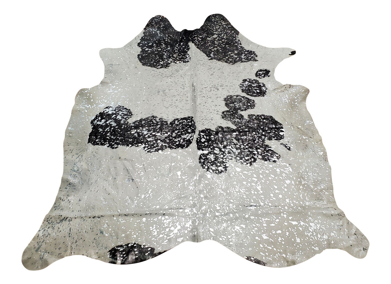 Silver Metallic On Black White Cowhide Rug 7ft x 6ft
