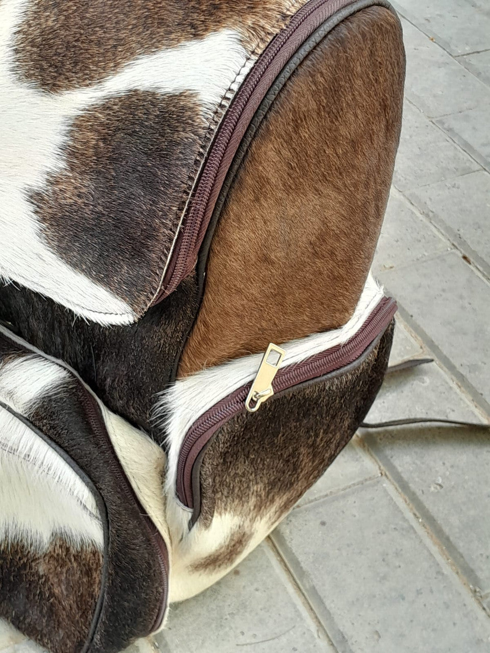 Cowhide Backpack Dark Brown Black White