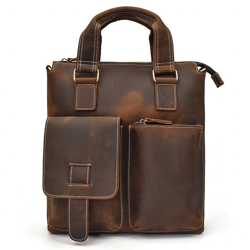 Men genuine leather vertical briefcase bag