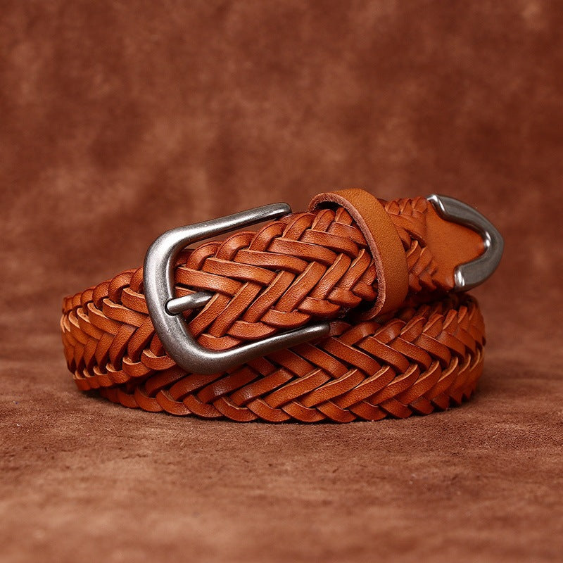 Womens Woven Belt in Top-Grain Leather with Pin Buckle