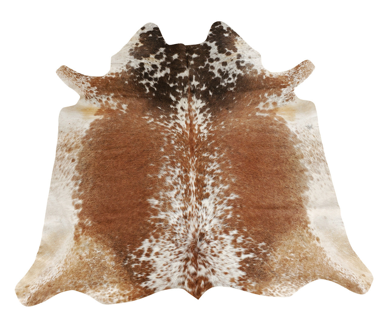 A speckled cowhide rug in a unique faded brown and white in edges it will great statement piece for dining room and fit any decor.
