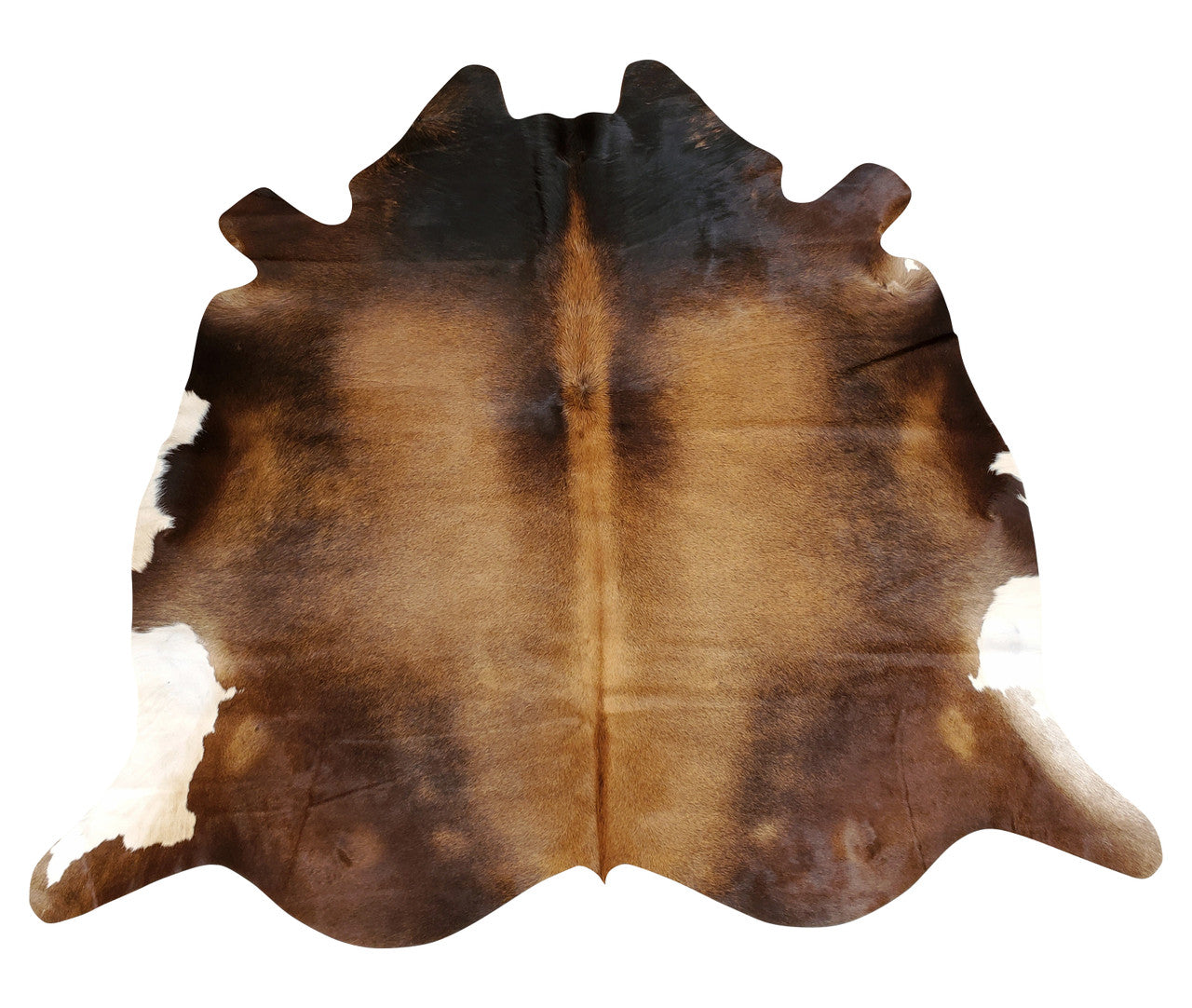 A very beautiful small cowhide rug mostly brown with white edges, amazing for high traffic living room.