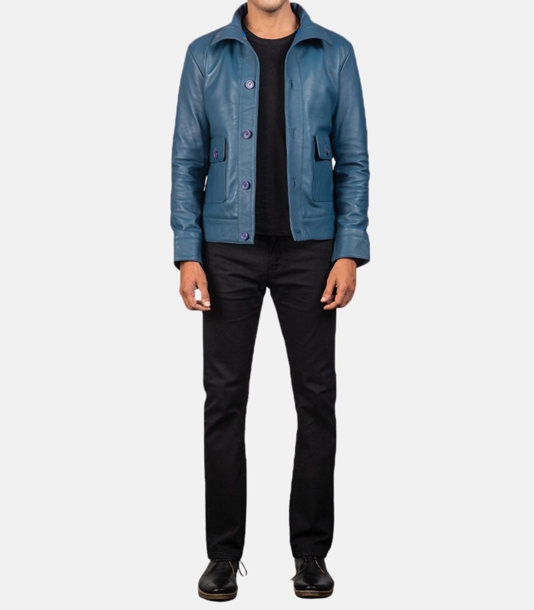 Blue leather moto jacket