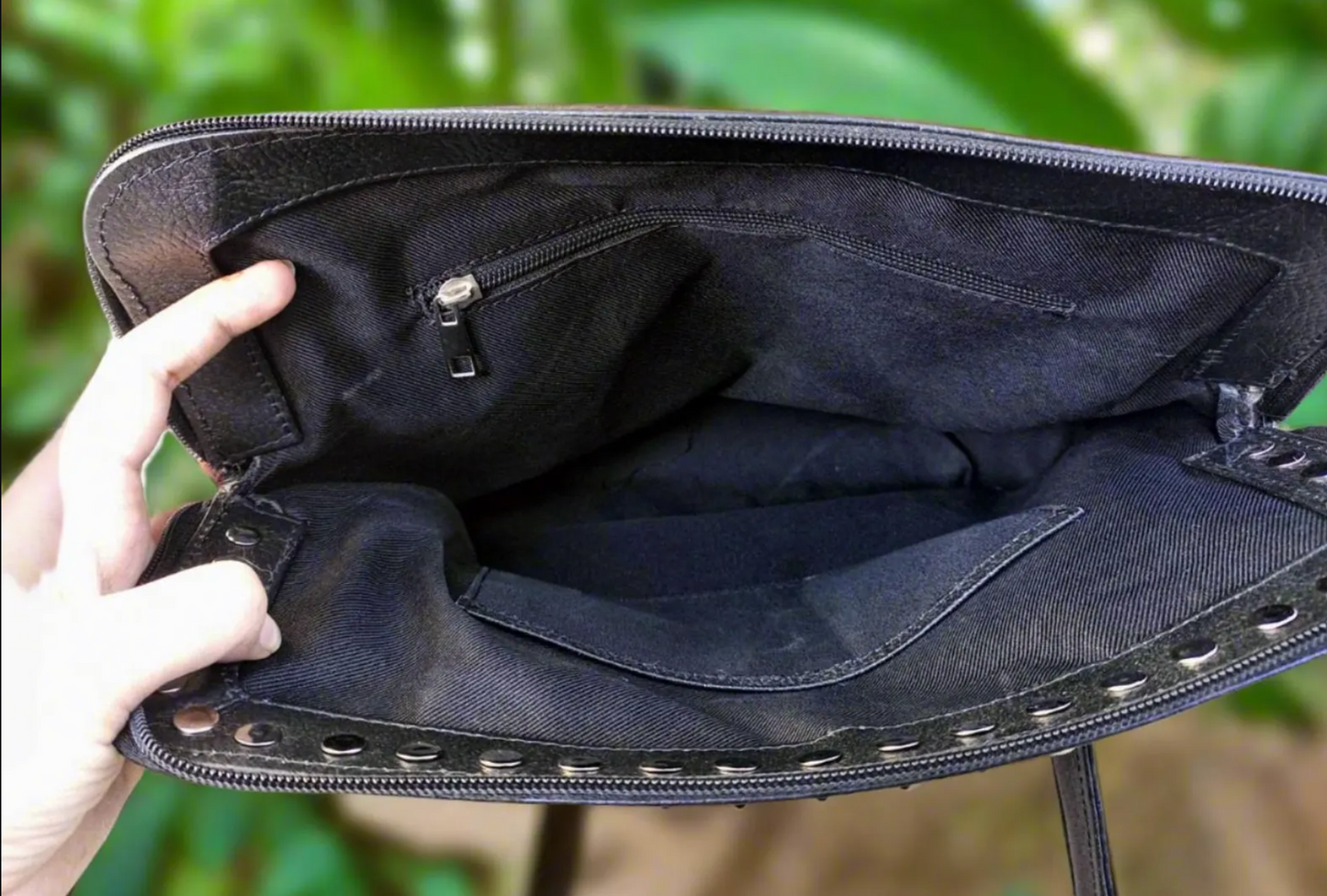 Black White Cowhide Handbag With Rivets