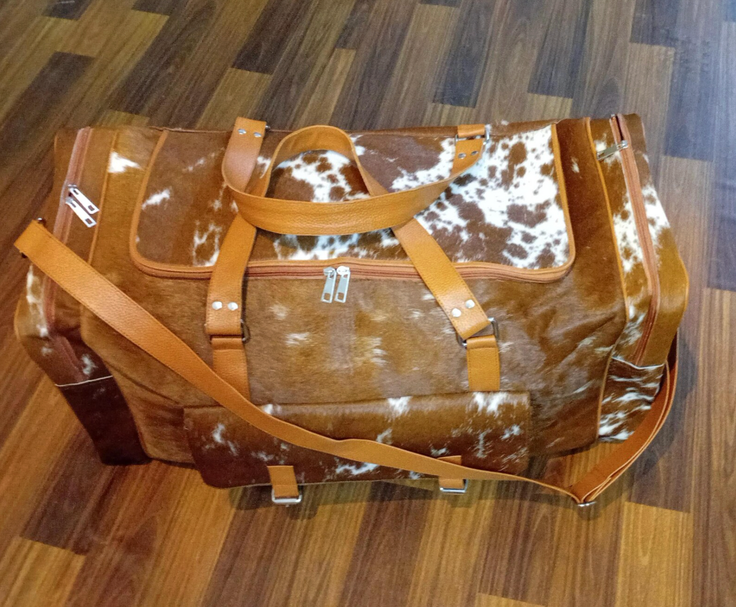 Brown White Speckled Cowhide leather duffle bag