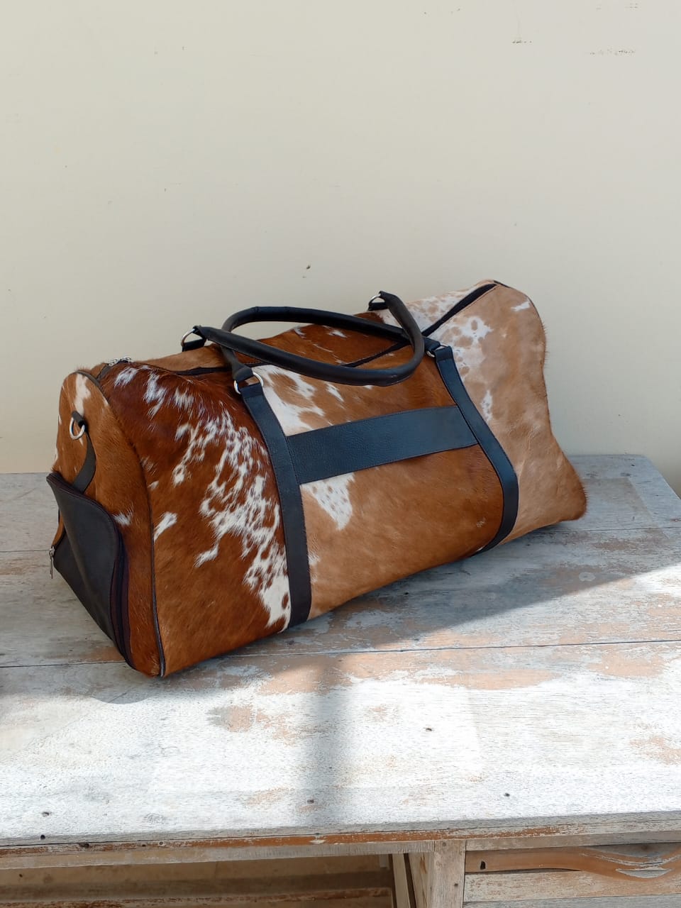 Brown White Cowhide Duffle Bag With Shoe Compartment
