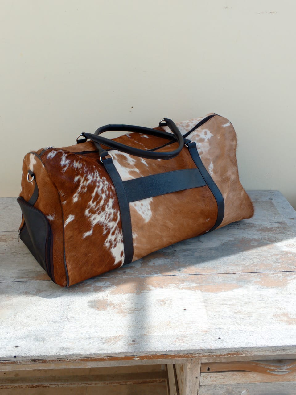 Brown White Cowhide Duffle Bag With Shoe Compartment