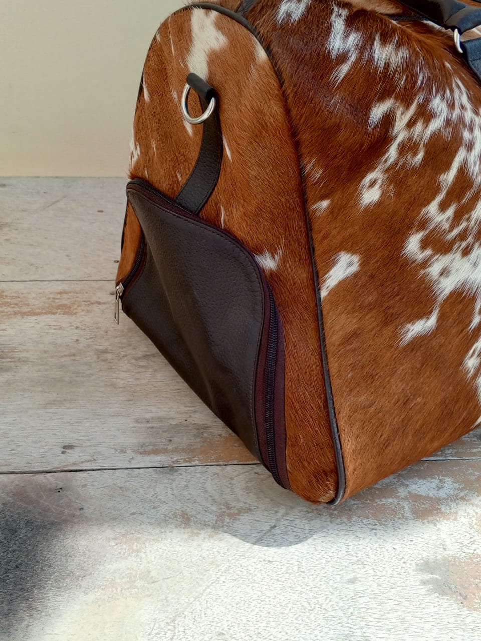 Brown White Cowhide Duffle Bag With Shoe Compartment