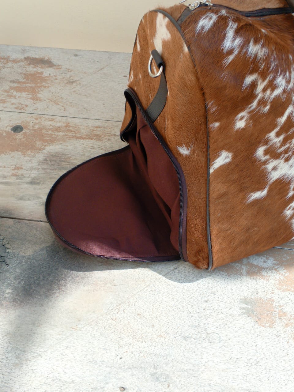 Brown White Cowhide Duffle Bag With Shoe Compartment