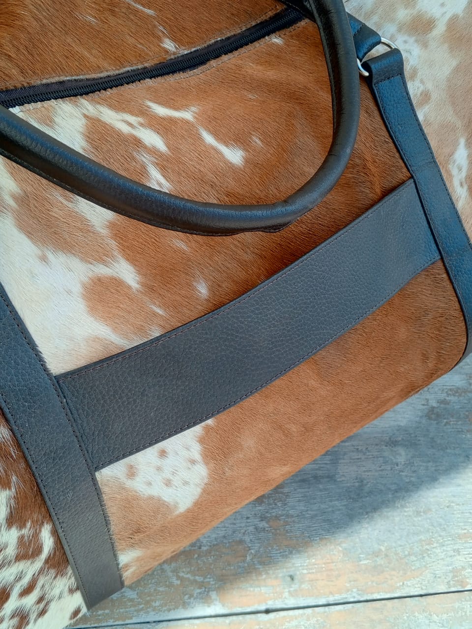 Brown White Cowhide Duffle Bag With Shoe Compartment