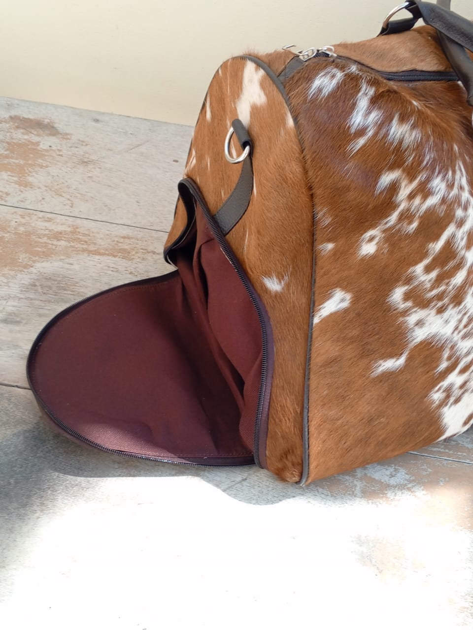 Brown White Cowhide Duffle Bag With Shoe Compartment