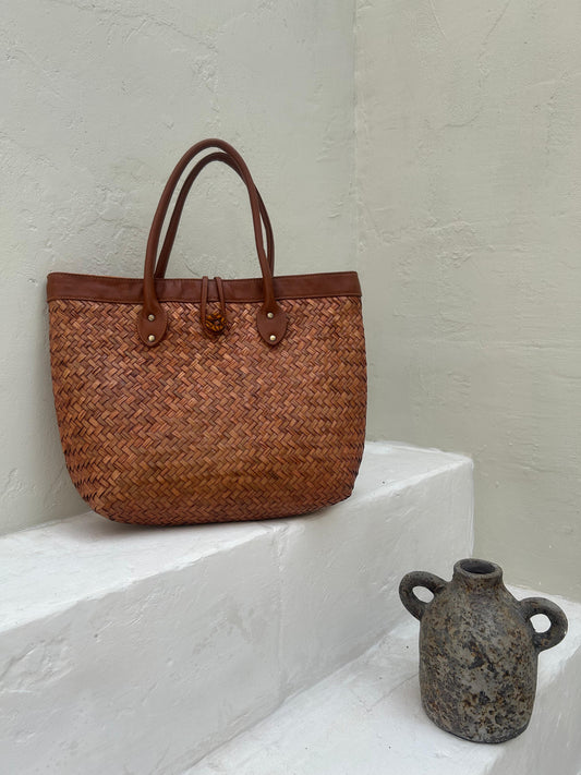 Brown Woven Rattan Handbag with Leather Handles