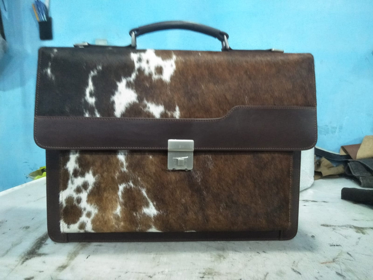 Black White Cowhide Briefcase Bag