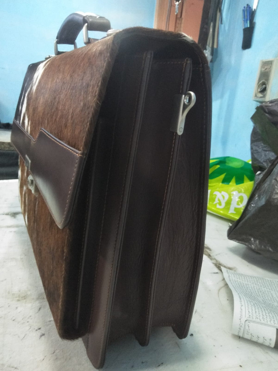 Black White Cowhide Briefcase Bag