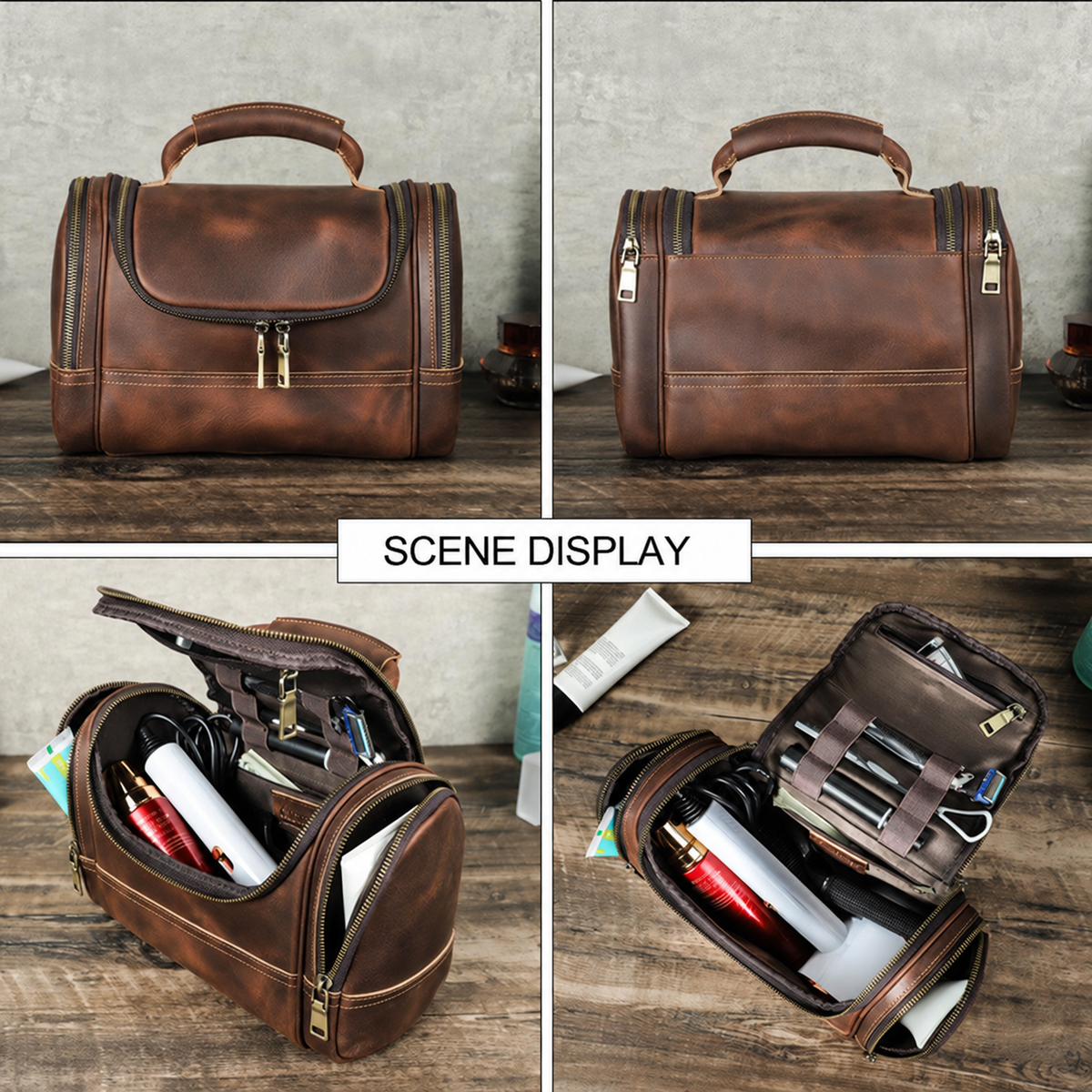 Men's Leather Bathroom Bag with Multi-Zip Travel Storage