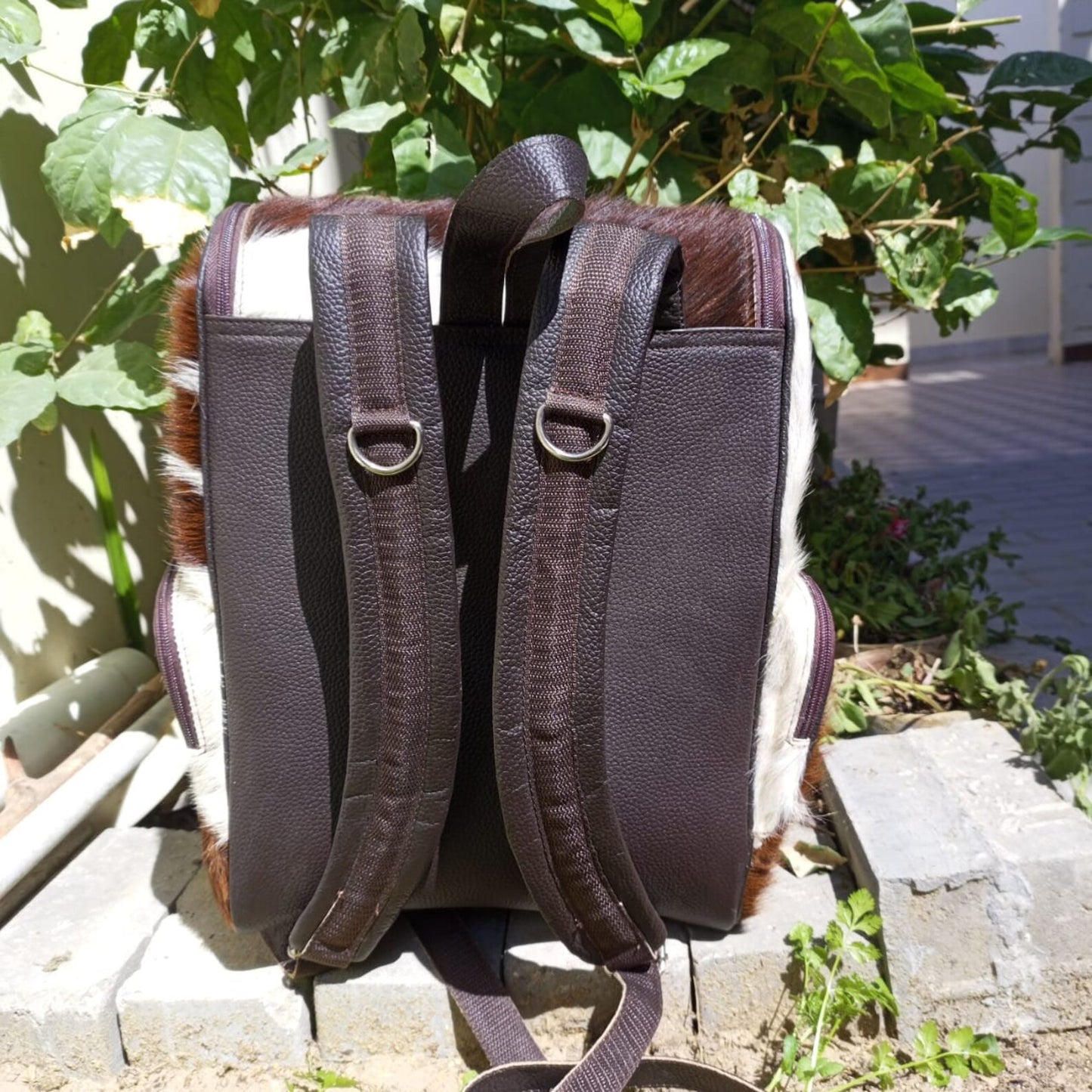 Dark Tricolor Cowhide Backpack Hair On Leather Travel Bag