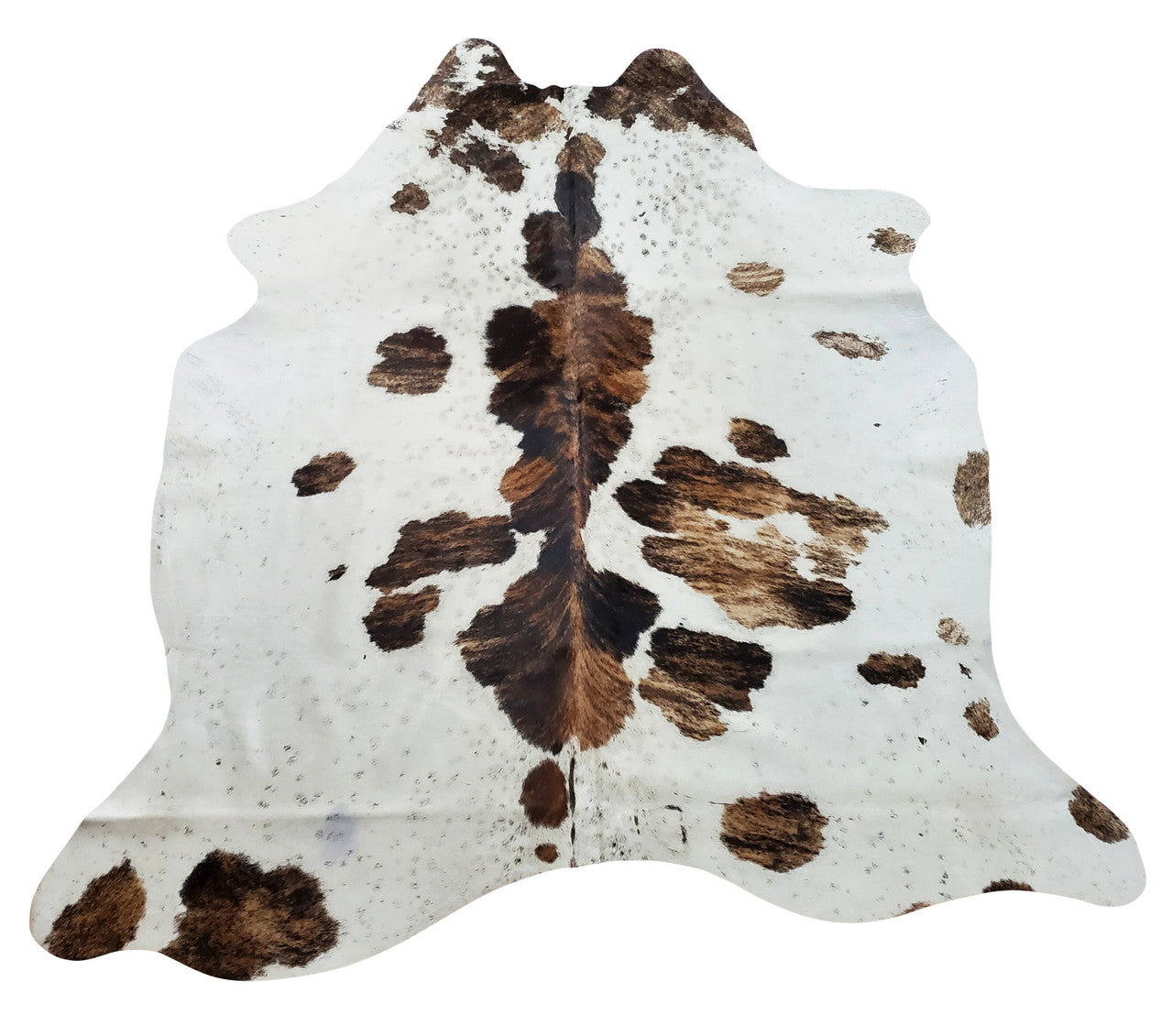 This speckled cowhide rug blends wonderfully into any decor. Very soft and naturally colored, it has a black, brown and white theme.
