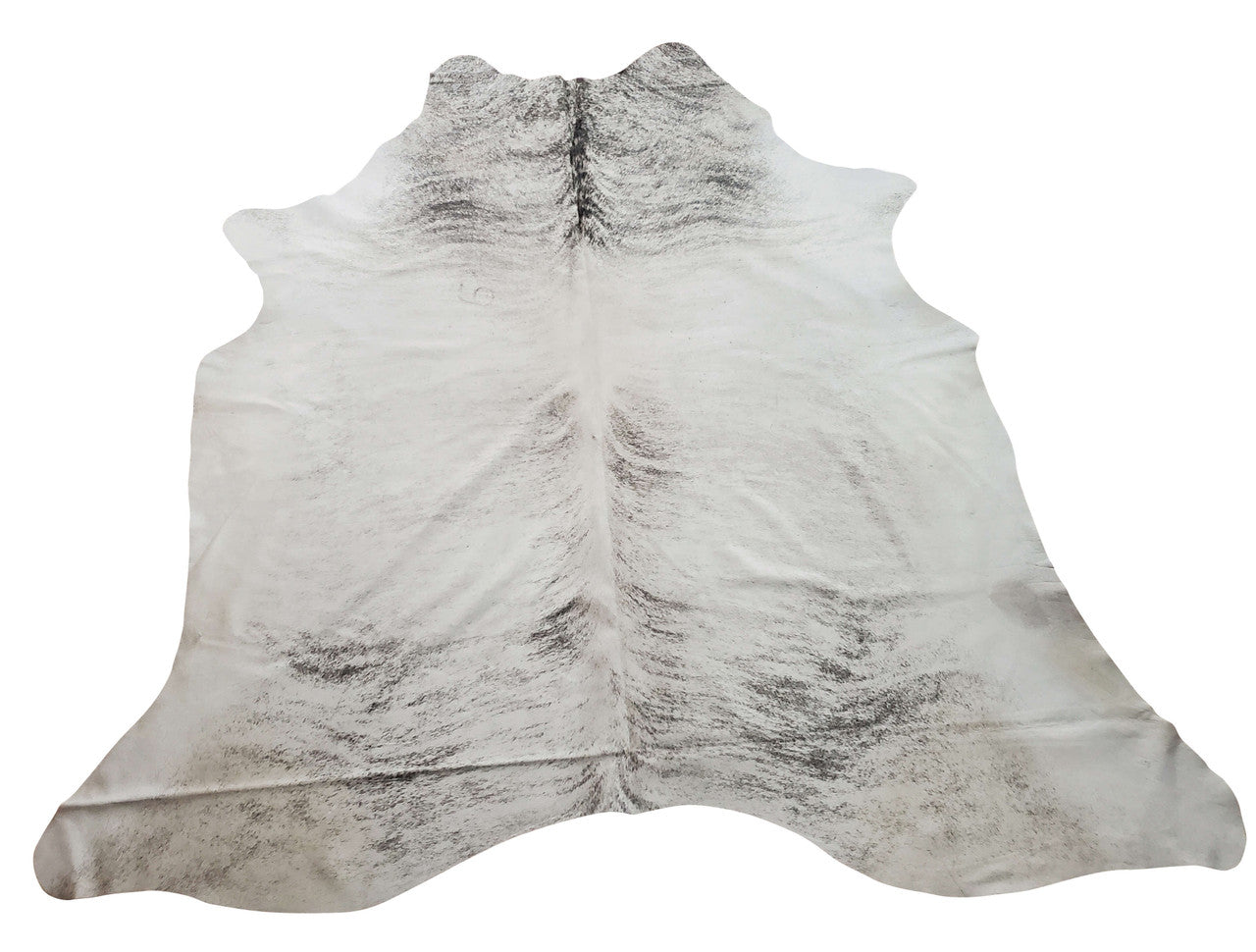 Large cowhide rugs are quiet and easy to clean, making them ideal for environments with high traffic. It has a soft mix of gray brindle alongside black and white.