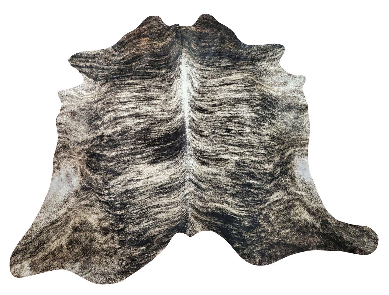 This large dark brindle cowhide rug will stun your space, the exotic grey with white spine will blend into any room and create inspiration.