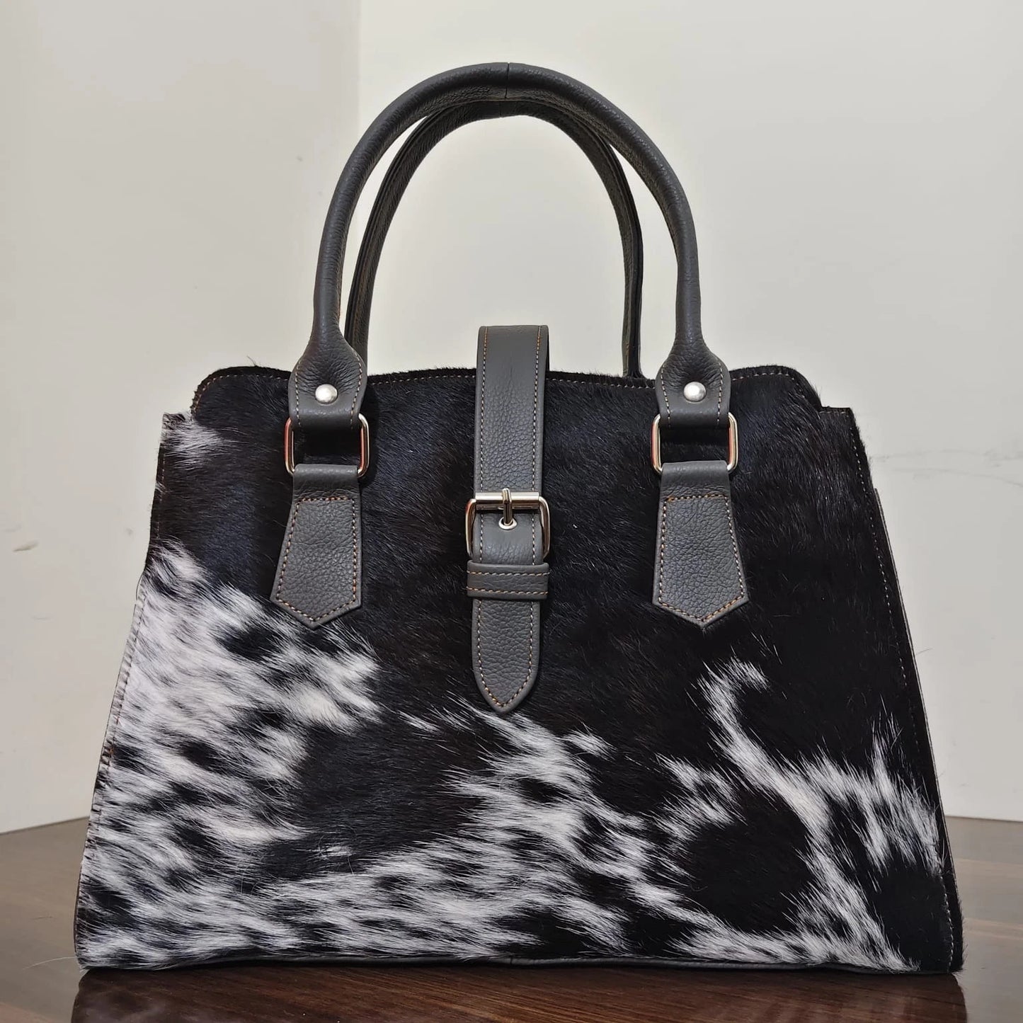 Black white cowhide leather tote bag