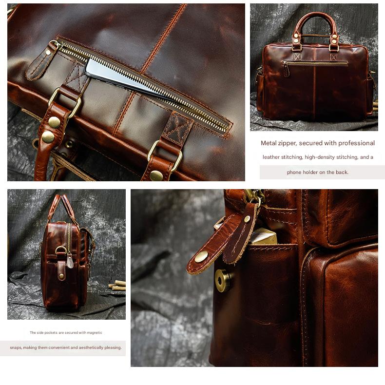 Leather mens duffle bag business travel briefcase
